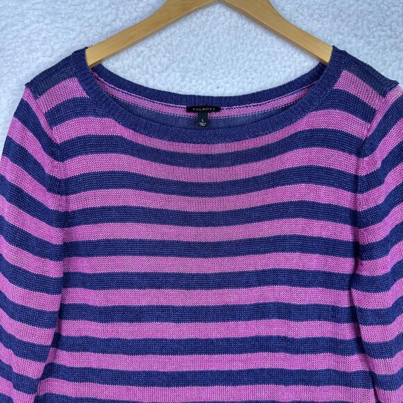 Talbots Sweater Women's L Blue Pink Stripe 100% Linen Knit Long Sleeve Pullover - Picture 2 of 9